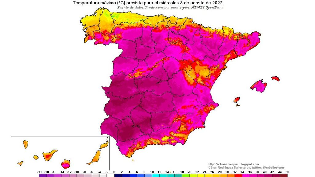 Temperaturas máximas previstas para el miércoles 3