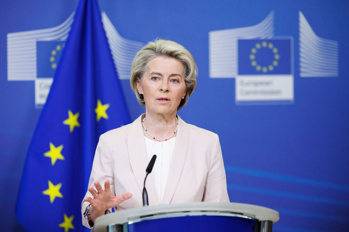 HANDOUT - 19 July 2022, Belgium, Brussels: European Commission President Ursula von der Leyen, speaks during a joint press conference with Czech Prime Minister Petr Fiala, North Macedonia's Prime Minister Dimitar Kovacevski, and Albanian Prime Minister Ed