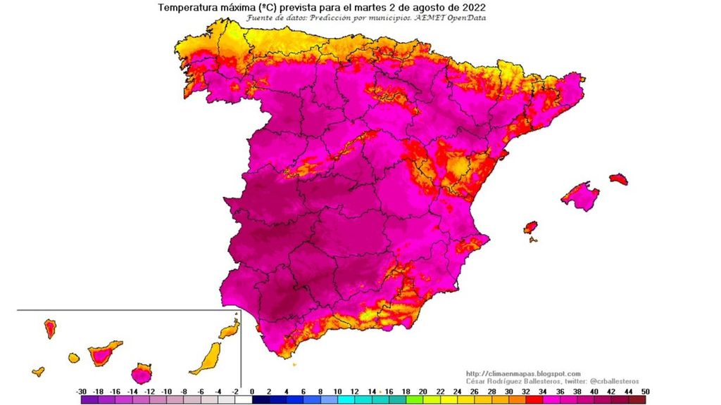 Temperaturas máximas para el martes 2 de agosto