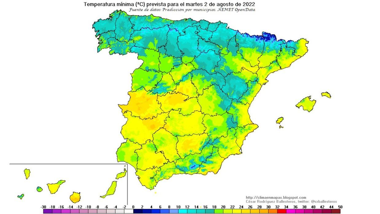 Temperaturas mínimas previstas para el martes 2