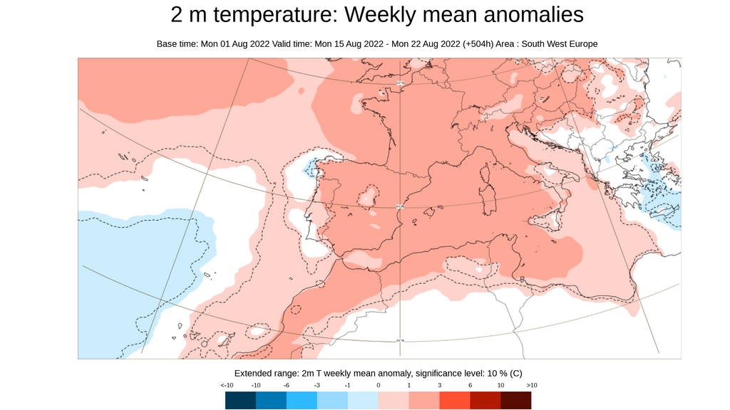 Anomalía de la temperatura prevista la semana del 125 al 21 de agosto