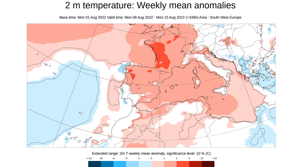 Anomalía de la temperatura prevista la semana del 8 al 14 de agosto