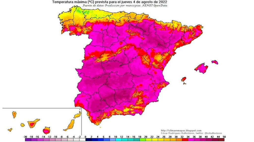 Temperaturas máximas previstas para el jueves 4