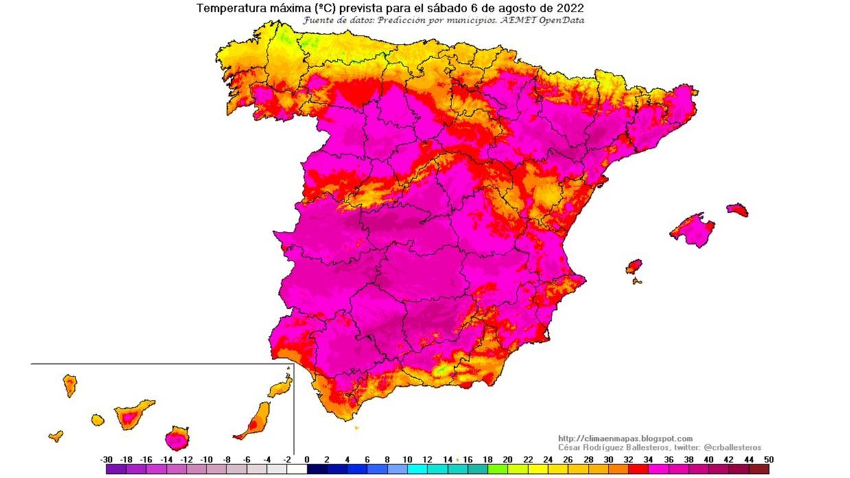 Temperaturas máximas previstas para el sábado, 6 de agosto