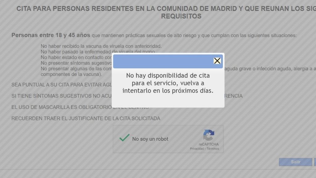 El mensaje que aparece recurrentemente a quienes buscan vacunarse contra la viruela del mono