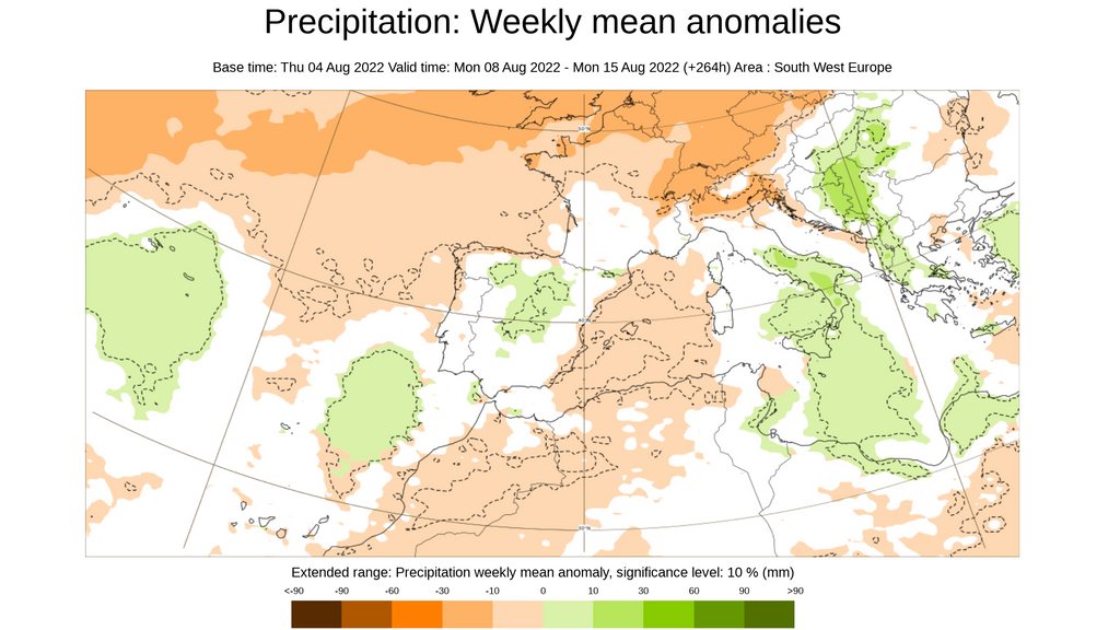 Anomalía de la precipitación prevista para la semana del 8 al 14 de agosto