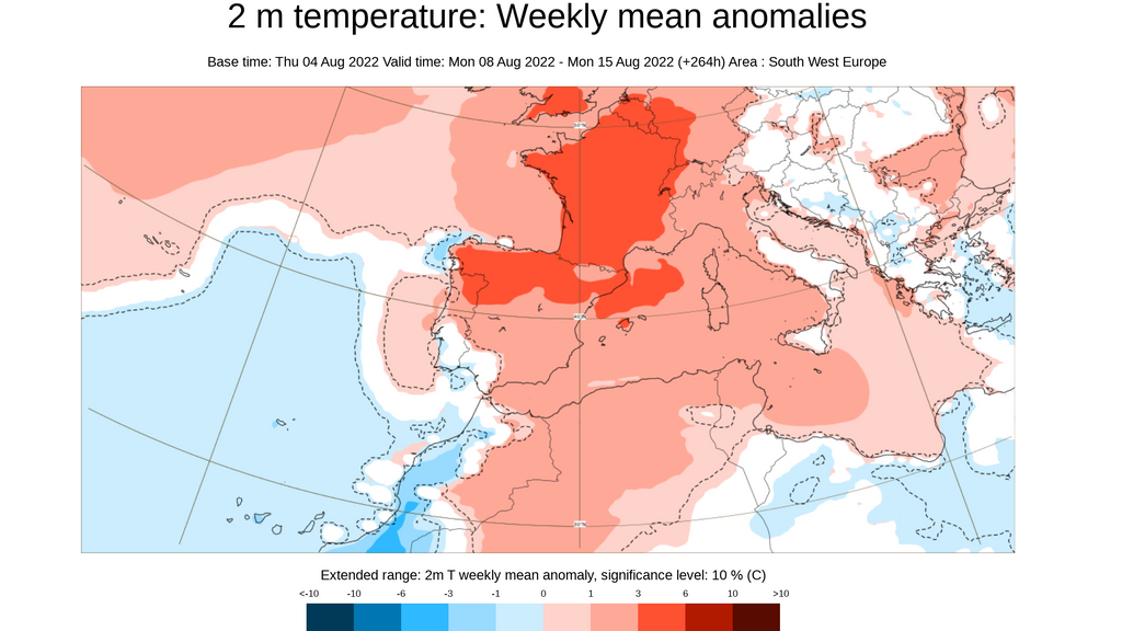 Anomalía de la temperatura prevista para la semana del 8 al 14 de agosto
