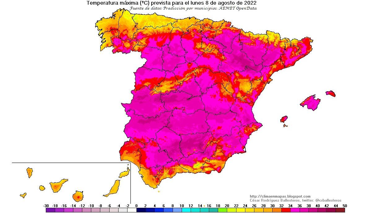 Temperaturas máximas previstas para el lunes 8