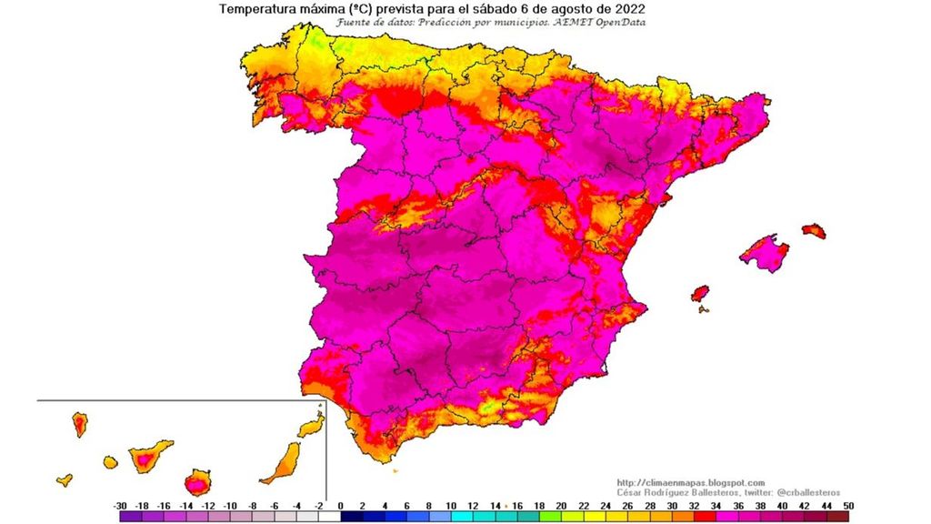 Temperaturas máximas previstas para el sábado 6