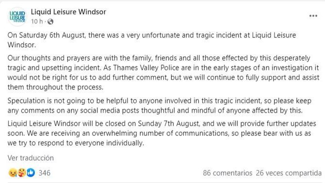 El parque acuático Liquid Leisure Windsor anuncia en un comunicado que este domingo estará cerrado