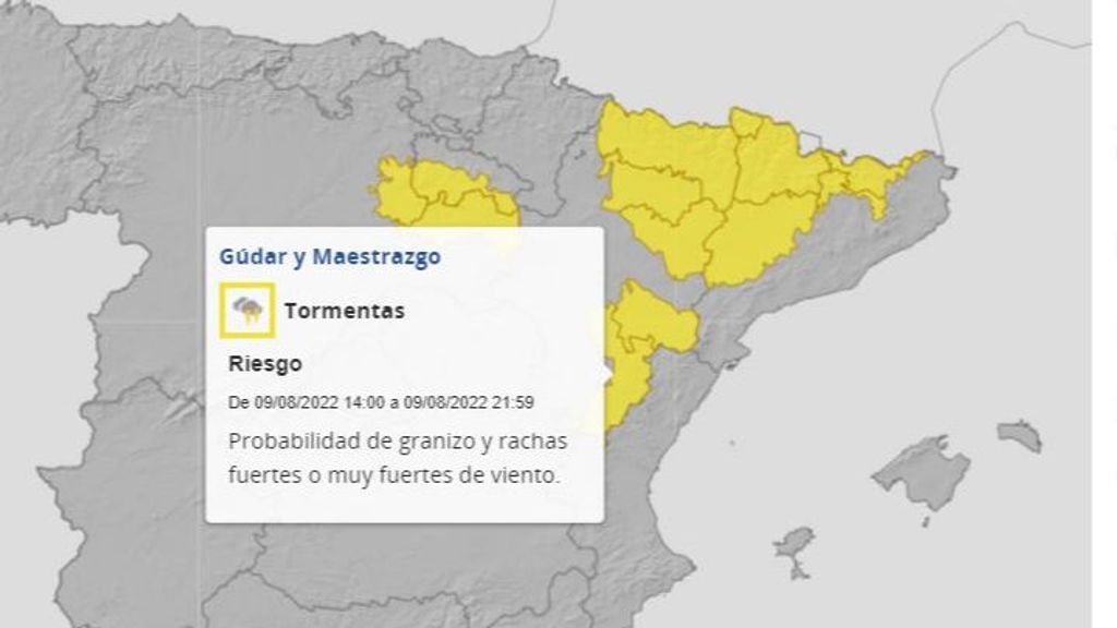 Avisos por tormentas previstos para el martes, 9 de agosto