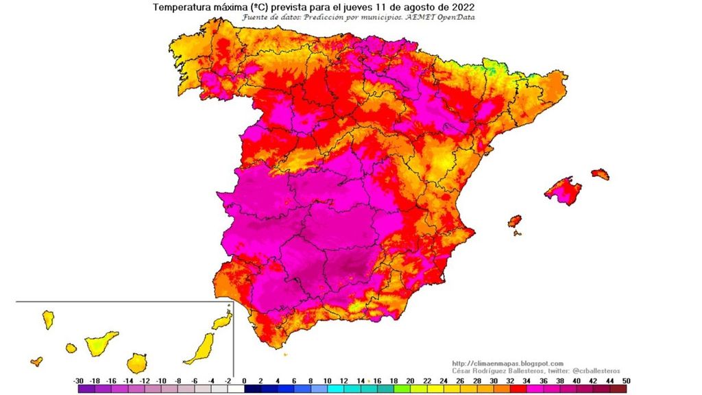 Temperaturas máximas previstas para el jueves 11