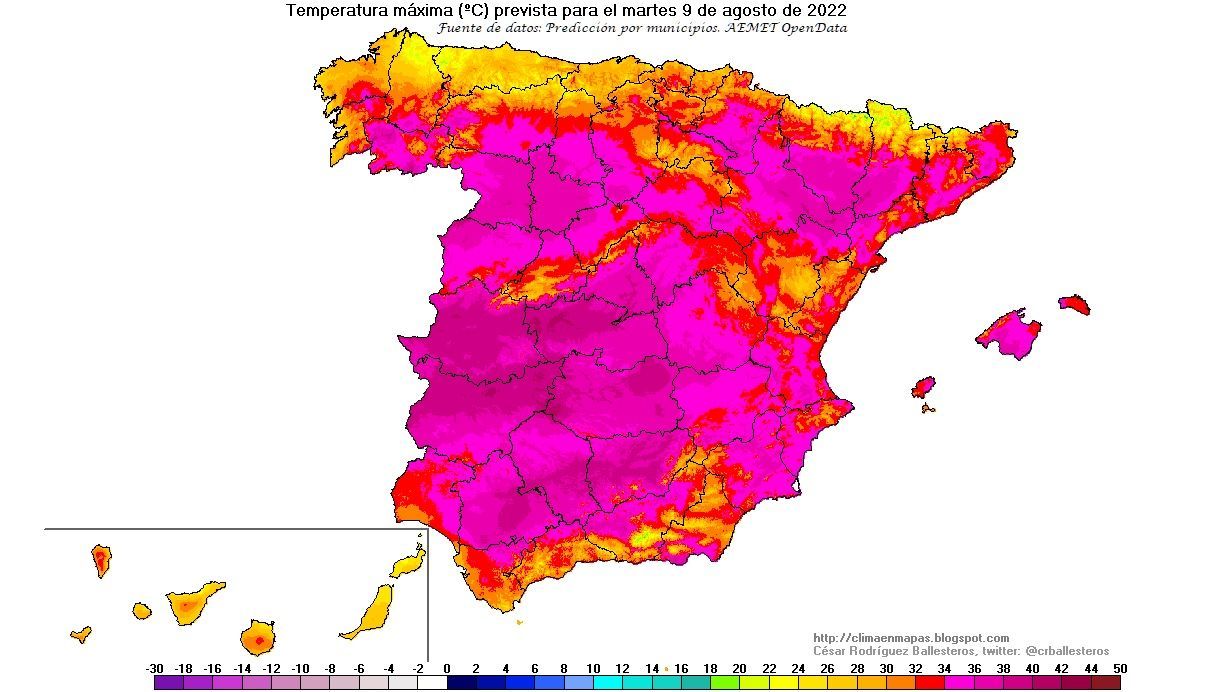 Temperaturas máximas previstas para el martes 9
