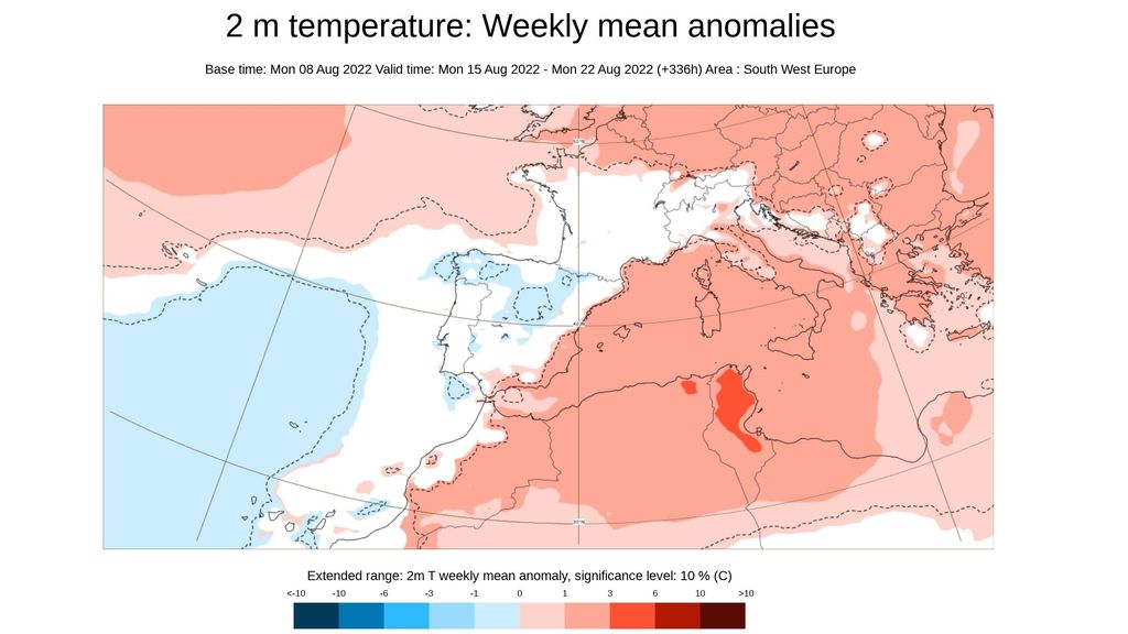 Anomalía de la temperatura prevista para la semana del 15 al 21 de agosto 2022