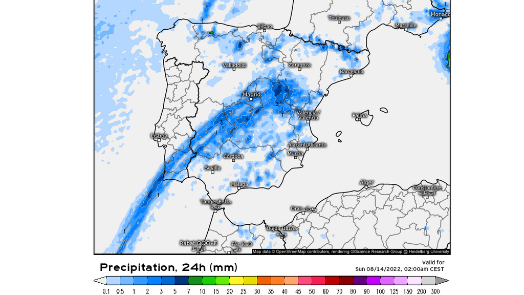 Precipitación prevista para el sábado 13