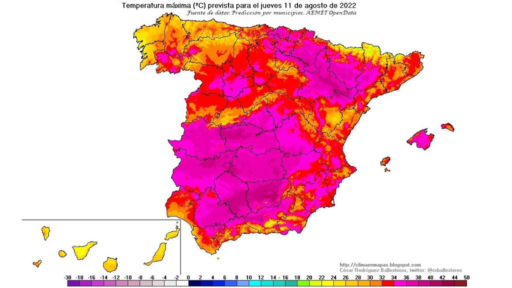 Temperaturas máximas previstas para el jueves 11