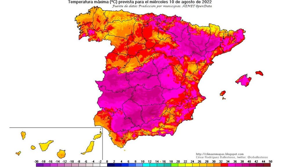 Temperaturas máximas previstas para el miércoles 10