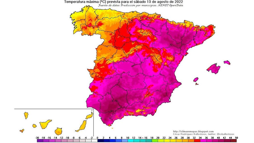 Temperaturas máximas previstas para el sábado 13