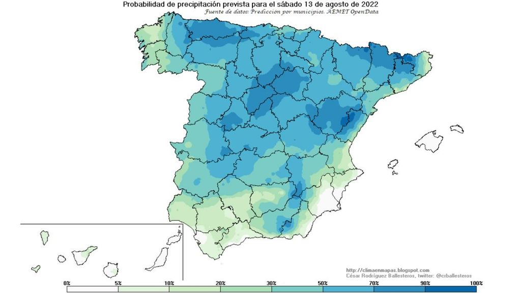 Probabilidad de precipitación prevista para el sábado 13