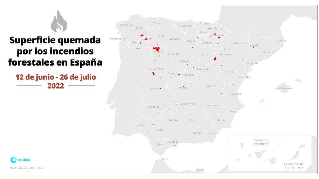 Superficies quemadas por el fuego entre el 12 de junio y el 26 de julio de 2022 en España