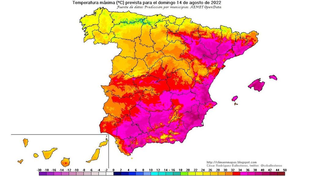 Temperaturas máximas previstas para el domingo 14