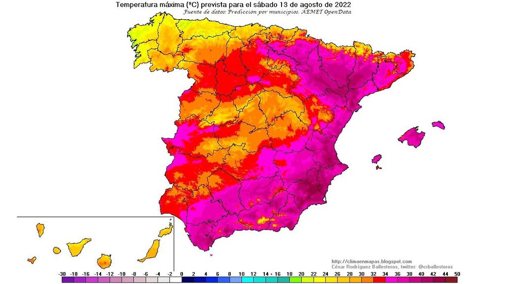 Temperaturas máximas previstas para el sábado 13