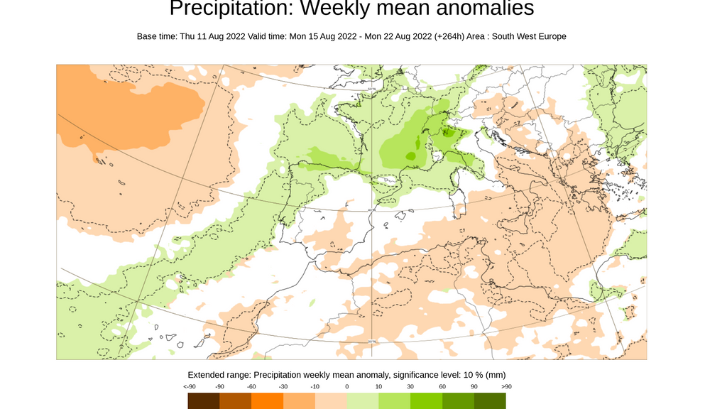 Anomalía de la precipitación prevista para la semana del 15 al 21 de agosto