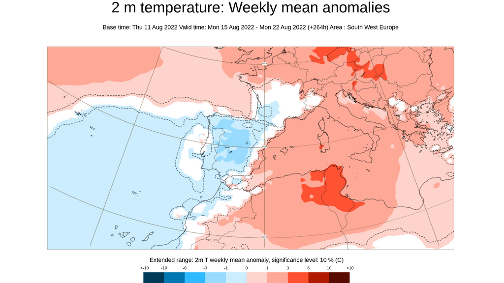 Anomalía de la temperatura prevista para la semana del 15 al 21 de agosto