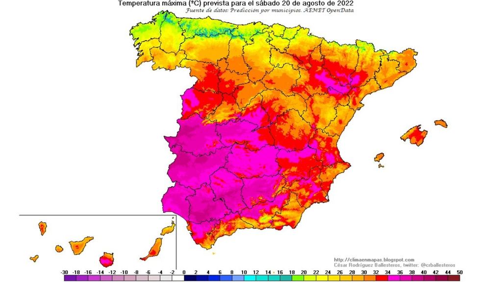 Temperaturas máximas previstas para el sábado 20