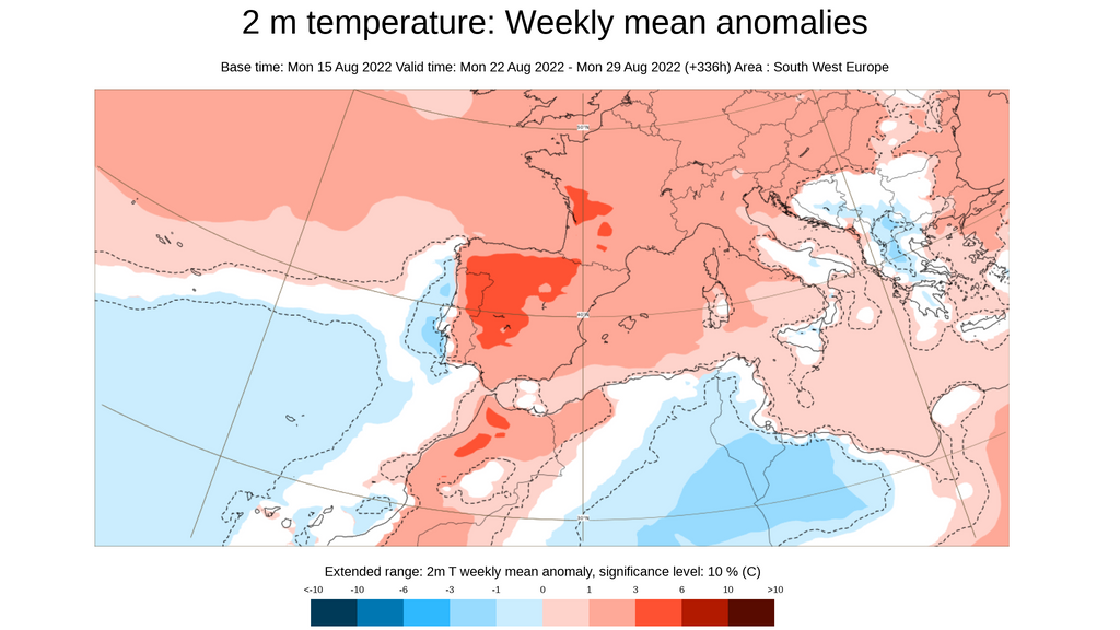 Anomalía de la temperatura prevista para la semana del 22 al 28 de agosto 2022