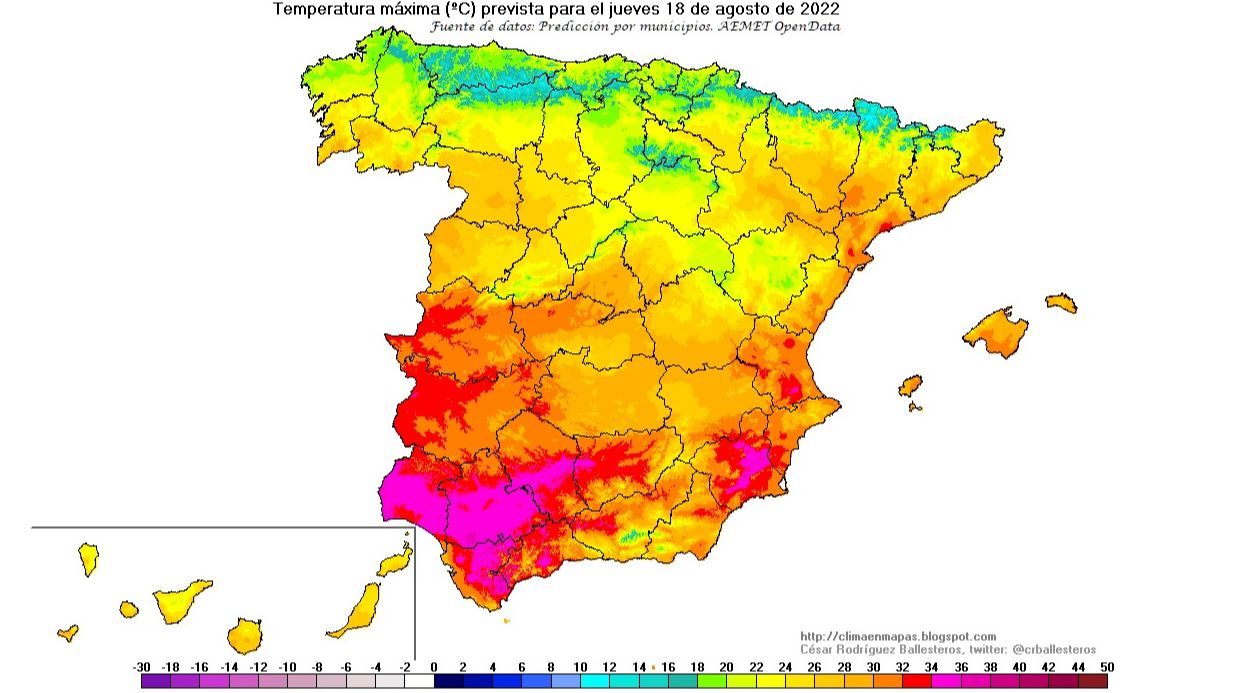 Temperaturas máximas para el jueves 18