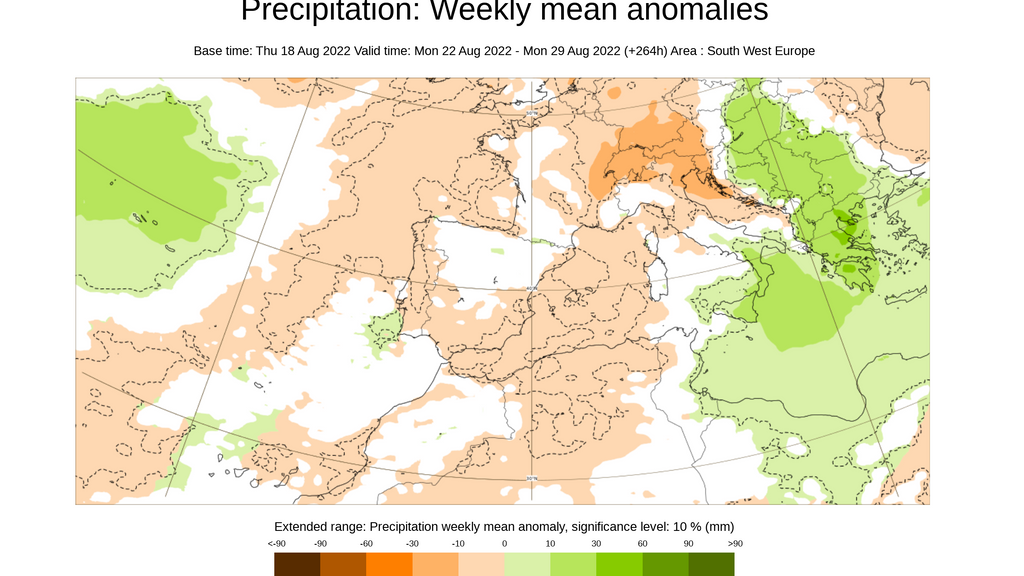 Anomalía de la precipitación prevista para la semana del 22 al 28 de agosto