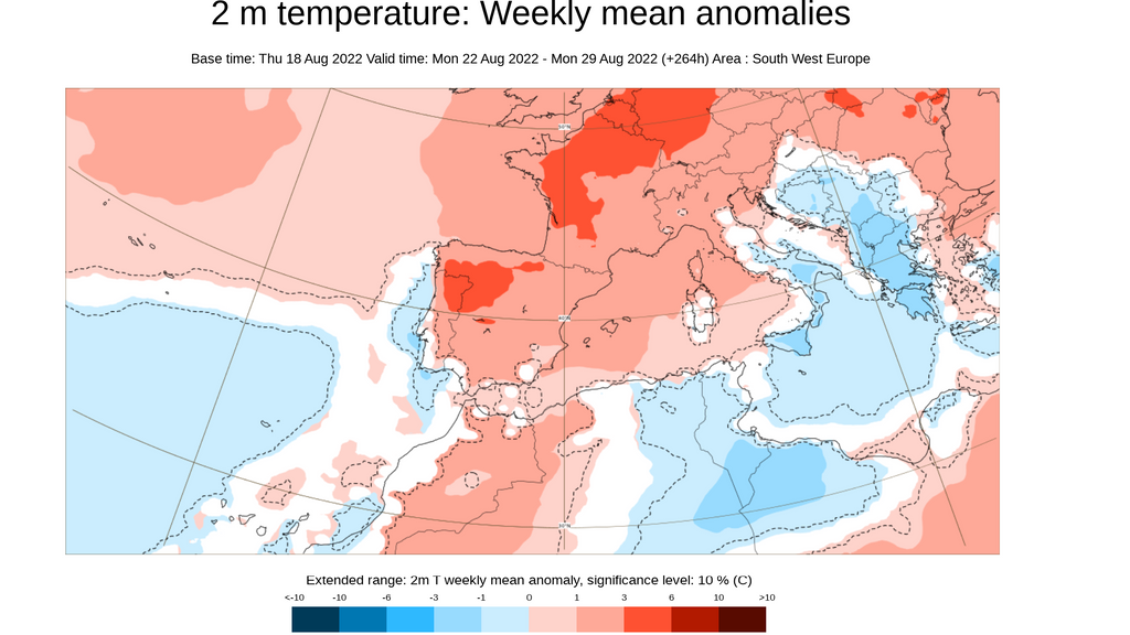 Anomalía de la temperatura prevista para la semana del 22 al 28 de agosto