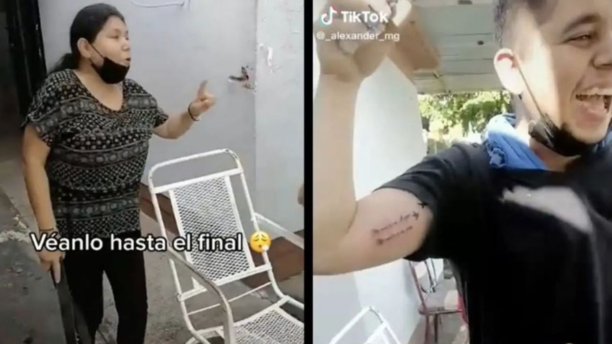 Reacción viral de una madre al ver el tatuaje de su hijo en un brazo
