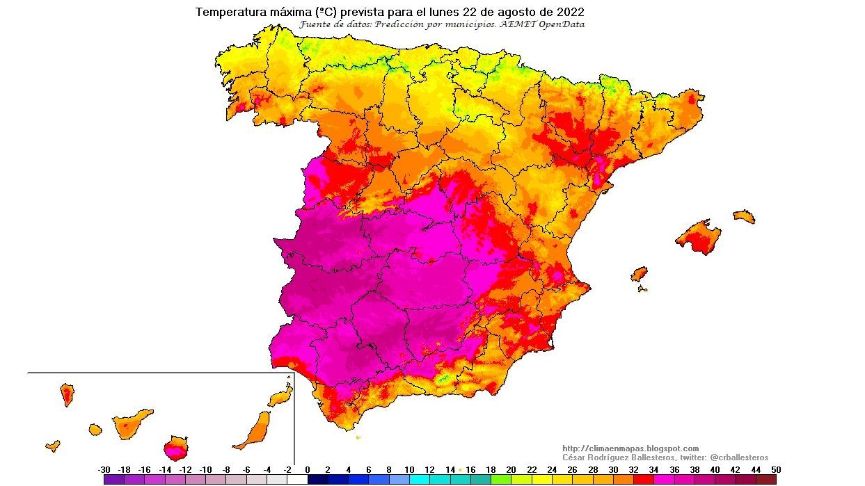 Temperaturas máximas previstas para el lunes 22