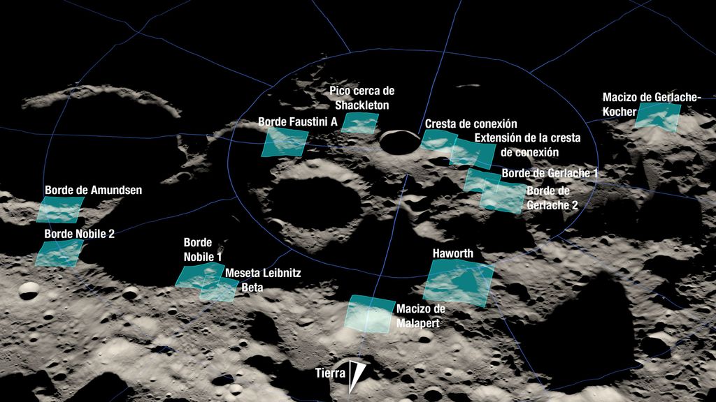 Las 13 regiones seleccionadas por la NASA para el alunizaje de la misión Artemis III