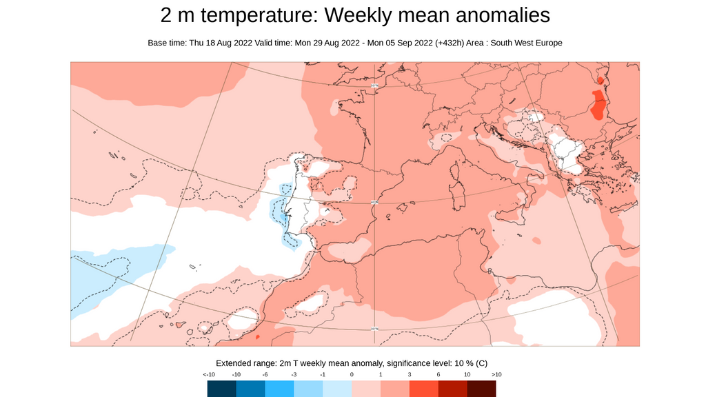 Anomalía de la temperatura prevista para la semana del 29 de agosto al 4 de septiembre