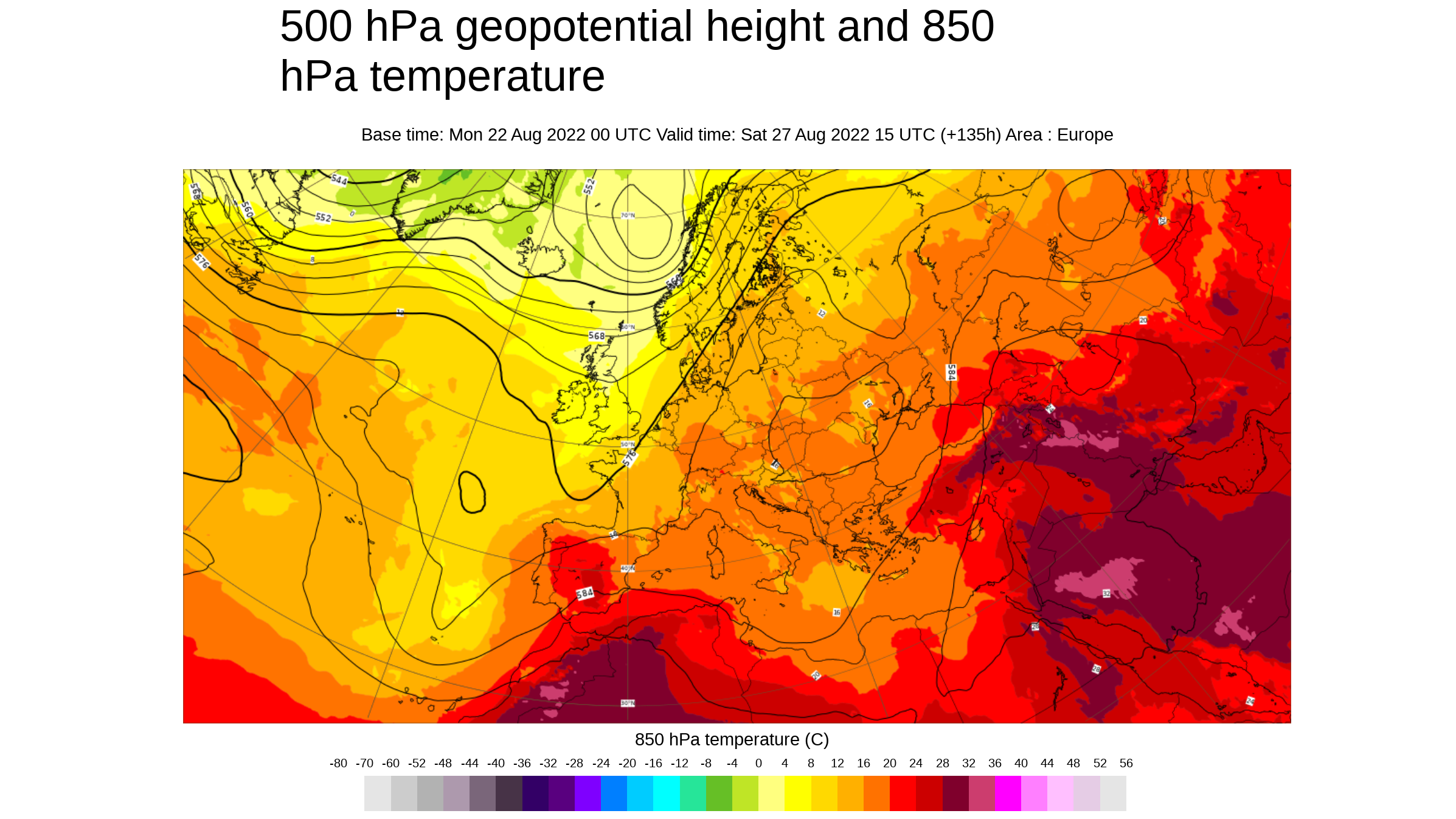 Temperatura y geopotencial 500 hPa, previsión sábado 27