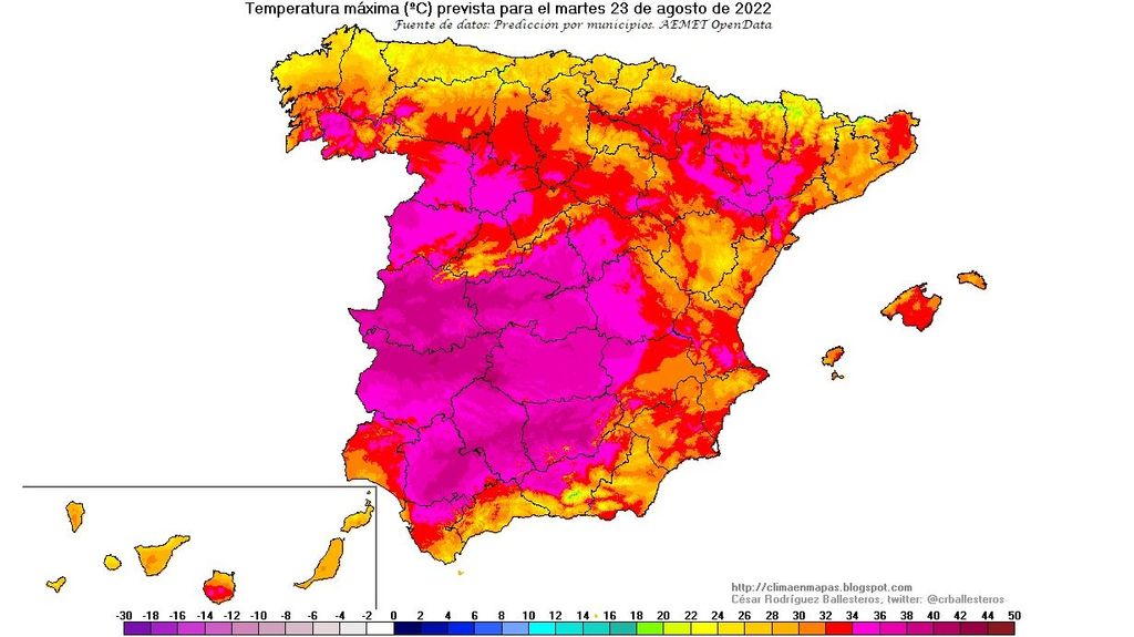 Temperaturas máximas previstas para el martes 23