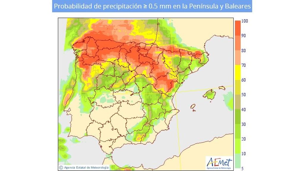 Probabilidad de precipitación ≥ 0.5 mm en la Península y Baleares