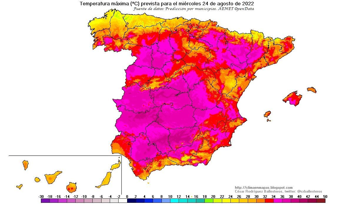 Temperatura máxima prevista el miércoles, 24