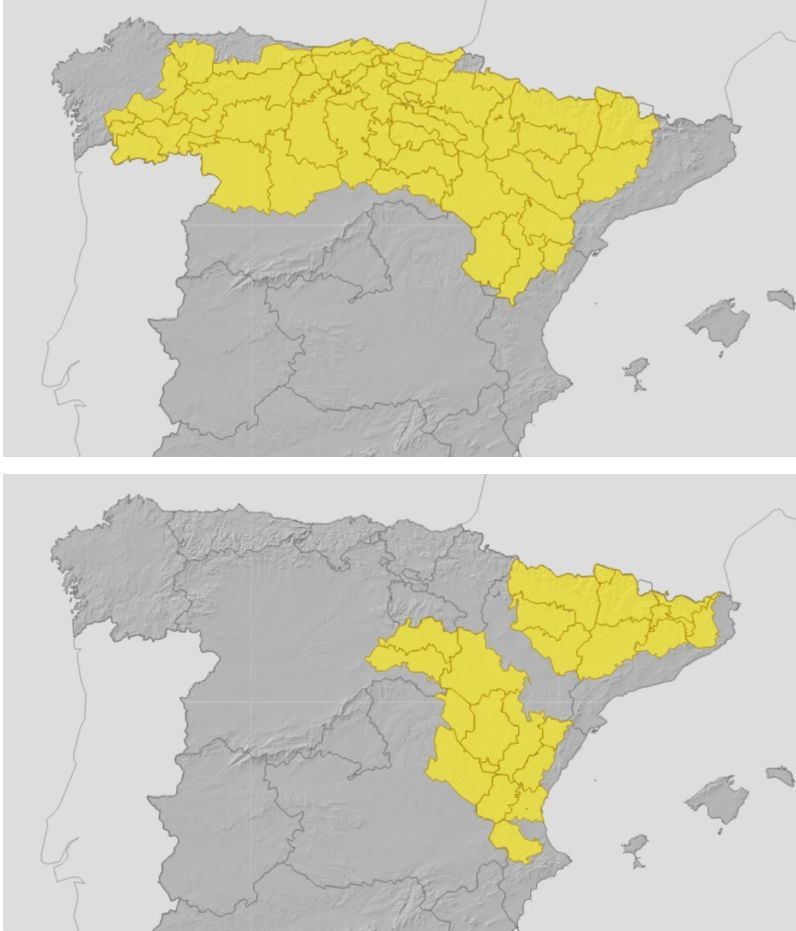 Avisos por lluvias y tormentas previstos para el miércoles (arriba) y jueves (abajo)