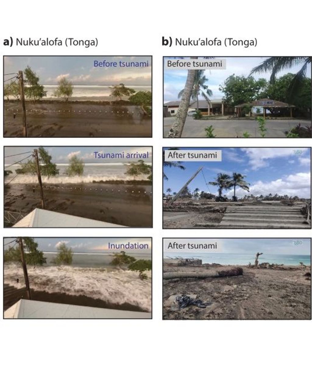 Inundación por tsunami y daños registrados por dos grabaciones de video del tsunami de Tonga