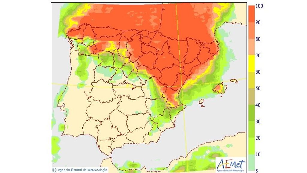 Probabilidad de precipitación ≥ 0,5 litros/m2 en la Península y Baleares