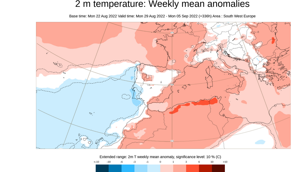 Anomalía de la temperatura media prevista para la semana que viene