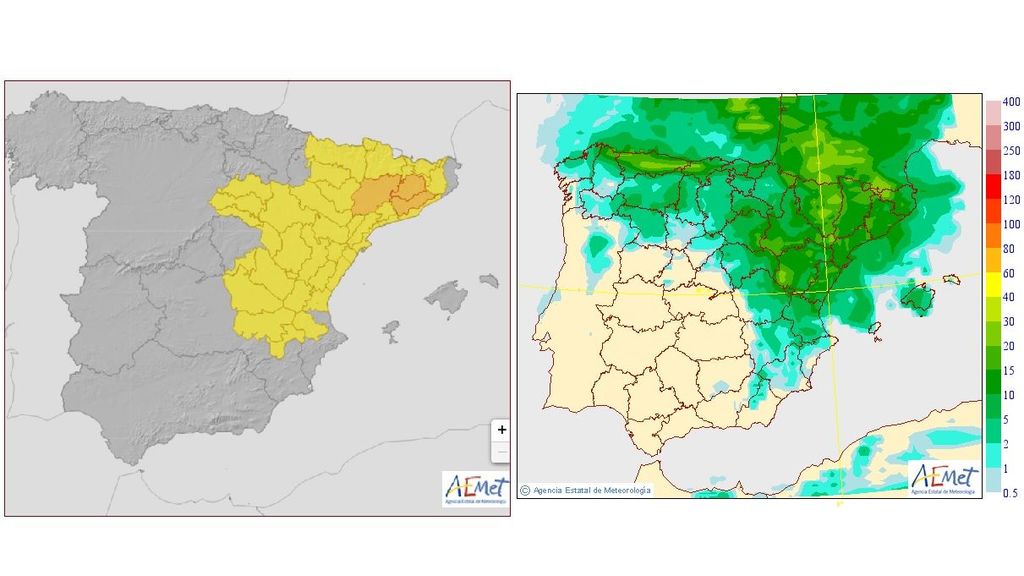 Avisos por lluvias y tormentas (izda), y precipitación máxima prevista para el jueves 25 (dcha)