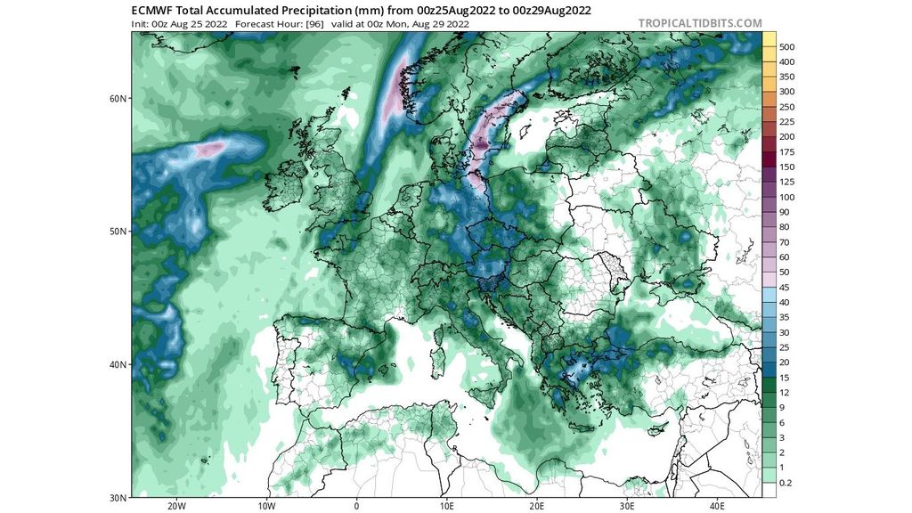 Precipitación total prevista entre el jueves 25 y domingo 28