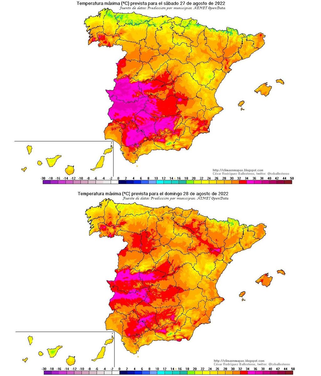 Temperaturas máximas previstas para el sábado y domingo