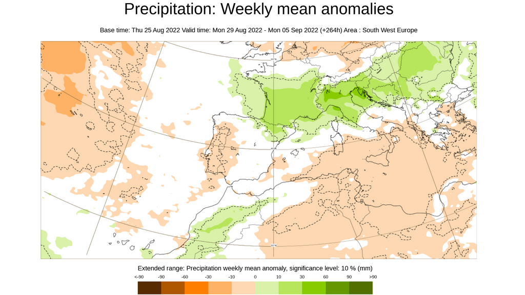Anomalía de la precipitación prevista para la semana del 29 de agosto al 4 de septiembre