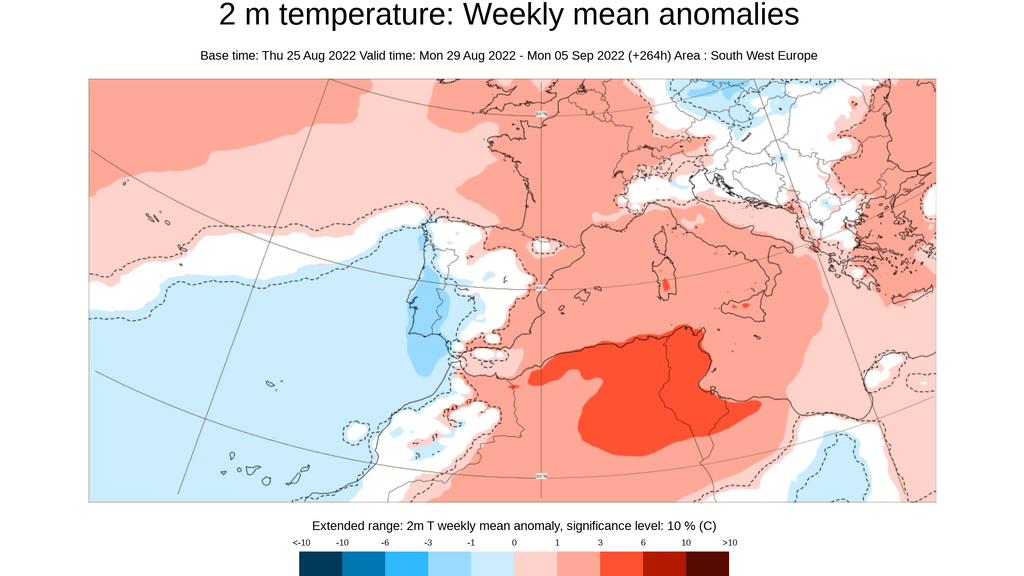 Anomalía de la temperatura prevista para la semana del 29 de agosto al 4 de septiembre